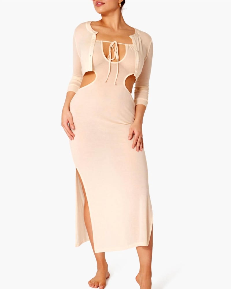 Front of a model wearing a size XL Ruched Cutout Maxi Cover Up in Beige in Beige by WE WORE WHAT. | dia_product_style_image_id:345493